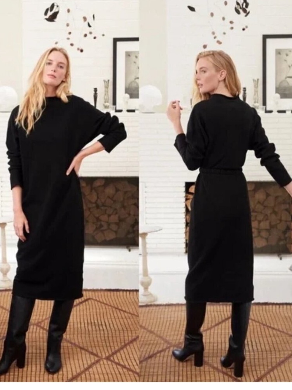 Frank & Eileen Isabelle Funnel Neck Dress Black Cotton Terry Midi Dress M